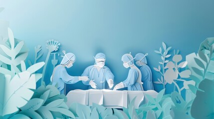 Illustration of a surgical team in a creative setting, showcasing teamwork and precision in a modern, artistic representation.