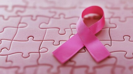 Wall Mural - Pink Ribbon on a Pink Puzzle Background