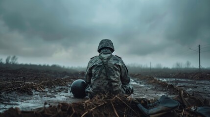 Somber Soldier Reflecting Alone on Battlefield in Overcast Weather, Symbolizing War Remnants and Loss