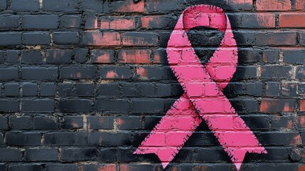 Wall Mural - Pink Ribbon Graffiti on Black Brick Wall