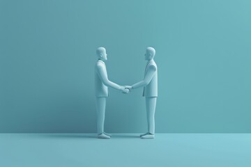 Two abstract figures shaking hands in a minimalist setting, symbolizing partnership and cooperation in a modern style.