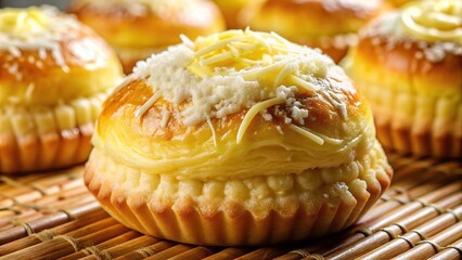 A close up photograph of a Filipino style ensaymada a sweet bread topped with margarine and white sugar captured with a fisheye lens, sweet, dessert, style, margarine, delicious