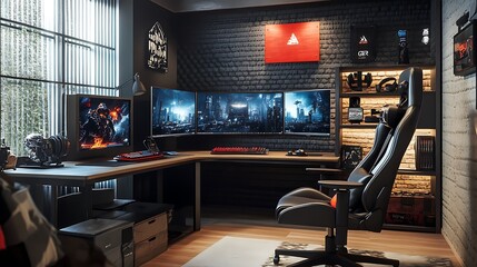 Wall Mural - Modern Gaming Setup with Triple Monitors  Gaming Chair and Brick Wall