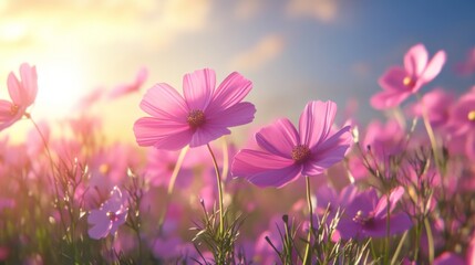 Wall Mural - Pink Cosmos Flowers in a Field at Sunset