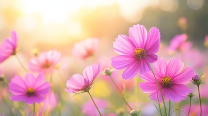 Wall Mural - Pink Cosmos Flowers in a Field of Blooms with Soft Sunset Lighting