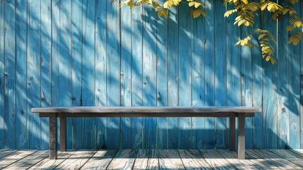 Wall Mural - Table empty placed against blue wooden backdrop for product display compilation