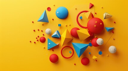 A dynamic composition of geometric shapes in vivid colors, featuring circles, triangles, and rectangles on a yellow background, a vibrant, graphic abstract art piece with a contemporary style.