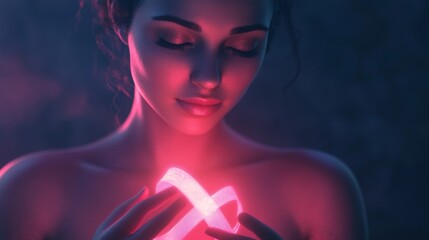 Wall Mural - Woman holding a glowing pink ribbon with her eyes closed