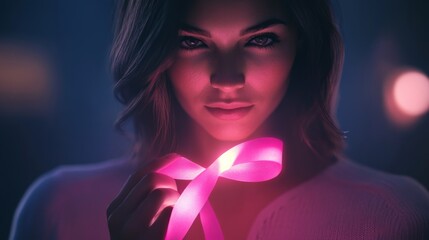 Wall Mural - Woman Holding a Pink Ribbon in Low Light