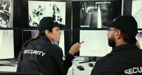 Poster - Security team, monitor and woman in control room with system for safety, protection or protocol. Computer screen, service and surveillance guards watch virtual cctv footage in office for inspection.