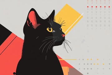 Elegant black cat with abstract geometric background in modern art style