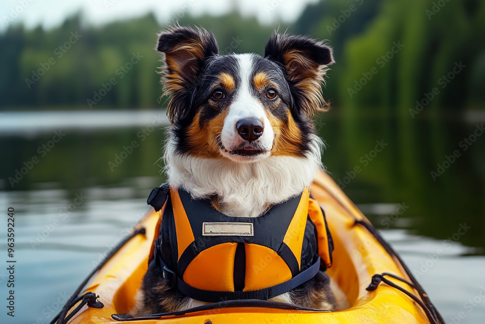 Australian Shepherd wearing a life jacket, sitting in a kayak on a calm lake, camping with pets concept 