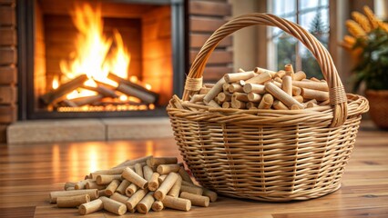 Poster -  wicker basket with wood pellets near fireplace