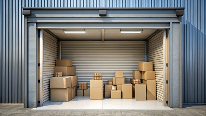 A storage unit with open garage door overflowing with cardboard boxes