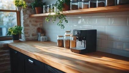 Wall Mural - Sleek kitchen with a wooden countertop