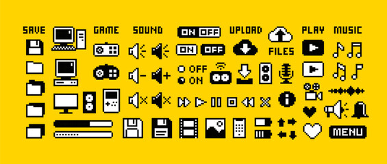 Perfect pixel icons of, media player buttons, PC computer icons, music notes, sound volume, scale, media. 8-bit Game icons and elements. Retro Game art. Isolated vector