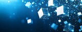 Abstract digital blockchain network concept with glowing blue cubes on a dark background