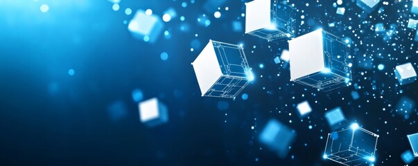 Wall Mural - abstract digital blockchain network concept with glowing blue cubes on a dark background