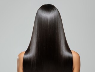 Rear view of a woman with long, straight, black hair. The hair is shiny and healthy. The background is a plain grey.