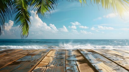 Wall Mural - Wooden Planks Overlooking a Tranquil Ocean Under a Sunny Sky