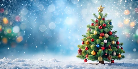 christmas tree with festive decorations on a snowy background