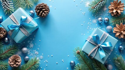 Wall Mural - Blue Christmas background with gifts and pine cones, festive holiday celebration