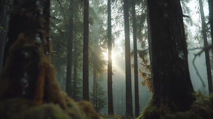 Sunlight Through Tall Trees in Misty Forest