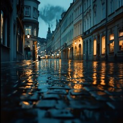 06090029 05 A quiet cityscape at night with glowing streetlights reflecting off wet cobblestone streets framed by tall buildings ar 169 v 61