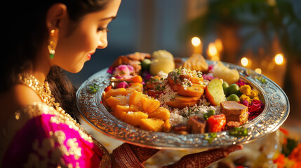 Happy Karwachauth, Happy Diwali, Beautiful Indian woman in traditional attire holding an elegant silver platter filled with colorful Indian sweets and snacks, surrounded by soft candlelight, Festive