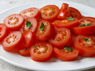 Tomatoes and greens on a plate, fresh vegetable salad, tomato slices food photography