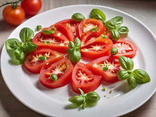 Tomatoes and greens on a plate, fresh vegetable salad, tomato slices food photography