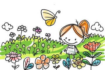 Wall Mural - Child's concept drawing of a cute character in a flower meadow with a butterfly, created with crayons for children's books.