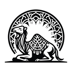 Camel with art nouveau decoration, stencil logo, black and white animal illustration