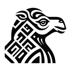 Camel with art deco decoration, stencil logo, black and white animal illustration