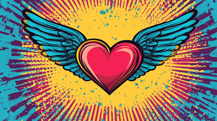 Pop art concept flying heart with wings icon. Colorful background in pop art retro comic style.