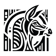 Donkey with art deco decoration, stencil logo, black and white animal illustration