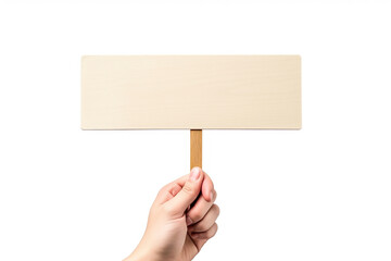 hand holds empty banner layout on wooden stick isolated on white