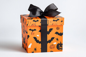 Orange gift box with black ribbon on white background. Halloween concept. generativa IA