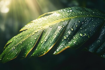 Wall Mural - Glassy Raindrops on Exotic Green Foliage