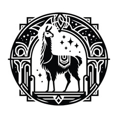 Llama with art nouveau decoration, stencil logo, black and white animal illustration