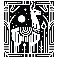 Llama with art deco decoration, stencil logo, black and white animal illustration