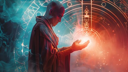 A tarot card showing a monk, glowing geometric runes, art deco background, white and celestial, vivid colors