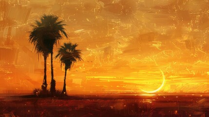 Soft pastel colors with simple shapes of palm trees and crescent moon in a romantic sunset sky.