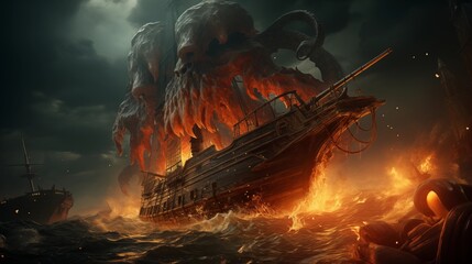 Wall Mural - A giant octopus kraken monster attacking a pirate ship in the dark ocean