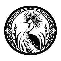 Crowned Crane bird with art nouveau decoration, stencil logo, black and white animal illustration