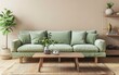 © Shahzad - Modern living room setup featuring a light green sofa and wooden coffee table against a serene beige wall. Perfect for showcasing detailed home interior designs in high resolution.
