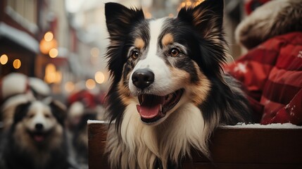 A happy dog wearing a Santa Claus hat leaning out of a car window. Christmas journey of friendly pet.