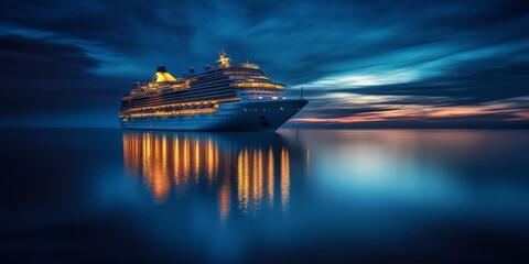 A magnificent cruise ship lights up the evening sky, gliding gracefully over calm waters, creating stunning reflections and offering a perfect escape for relaxation and leisure activities