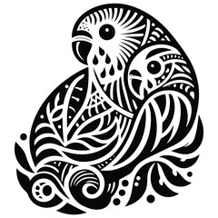 Lovebird in zentangle art, stencil logo, black and white animal illustration