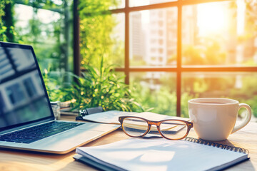 A white coffee mug with a laptop, glasses, and a notebook on a wooden desk with a green plant and a window with a view of the city in the background. Generated with AI.